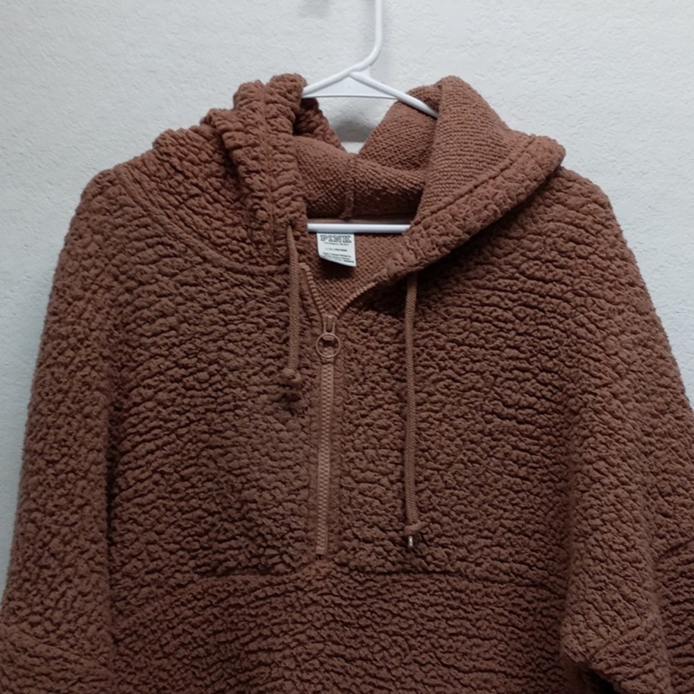 PINK Victoria's Secret Brown Teddy Half Zip Pullover Hoodie - Picture 3 of 8